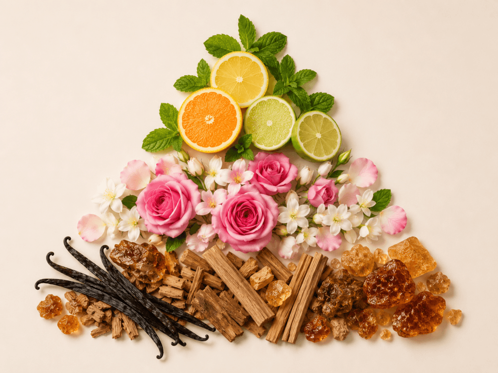 Visual representation of top notes, middle notes and base notes in perfume