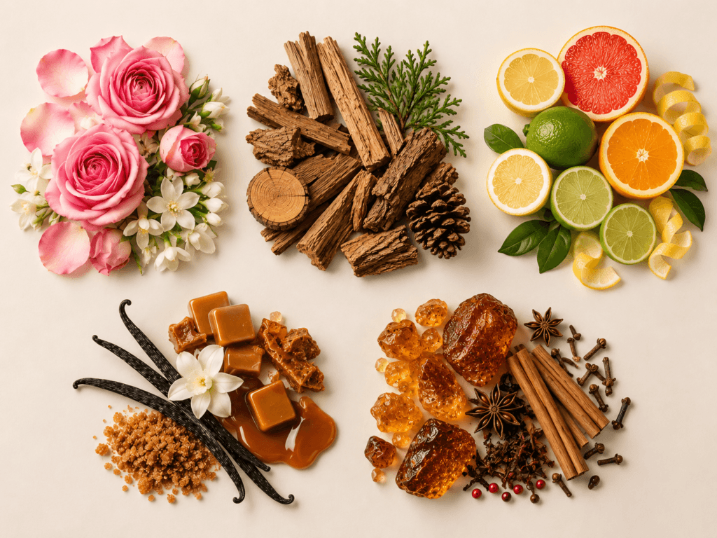 Common fragrance families including floral woody fresh and gourmand scents