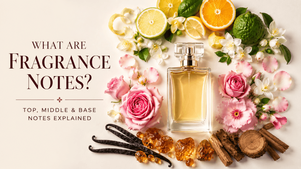 Luxury perfume surrounded by citrus, floral and woody ingredients illustrating top notes, middle notes and base notes in fragrance