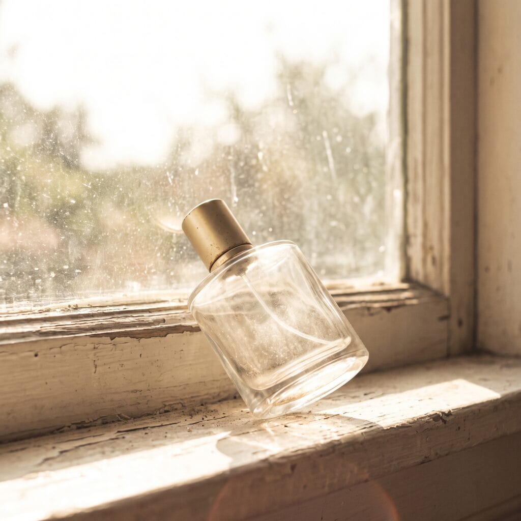 Perfume bottle sitting on a sunny windowsill — example of incorrect perfume storage