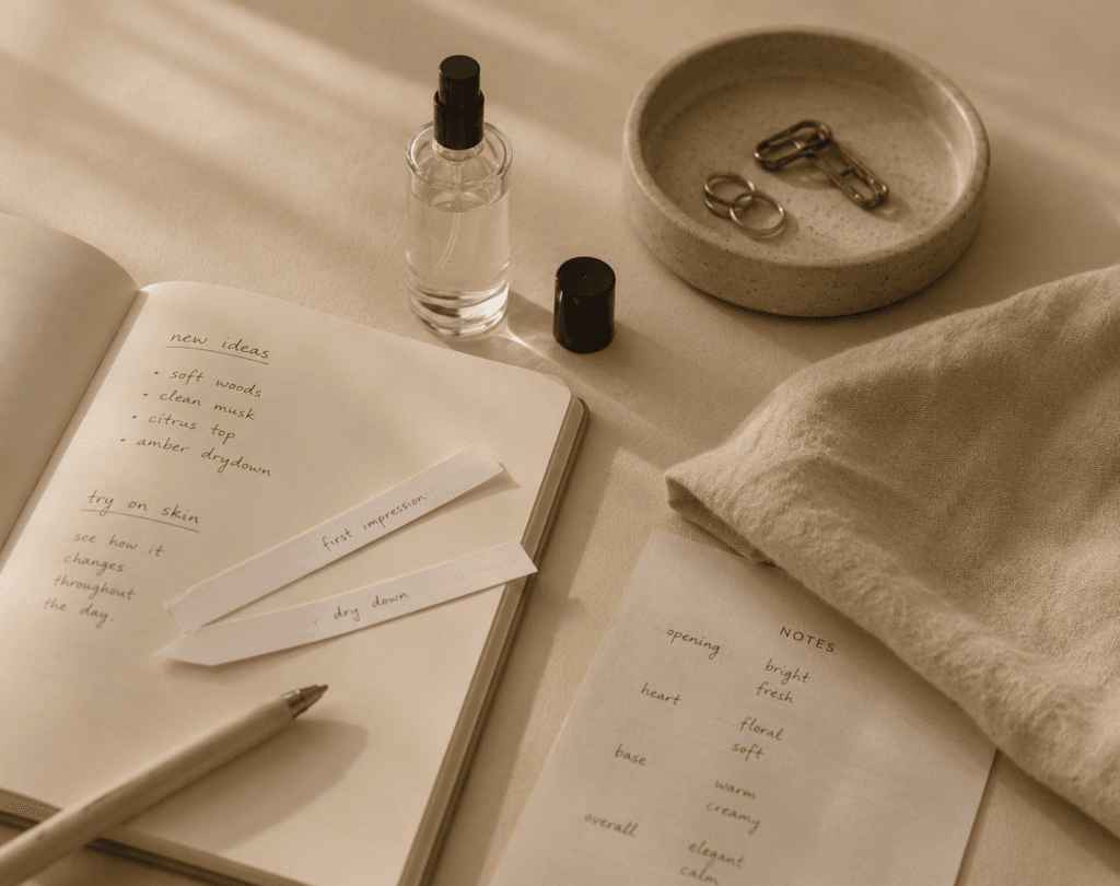 Perfume testing notes and fragrance blotter strips on a neutral tabletop, representing how scent develops differently on each person.