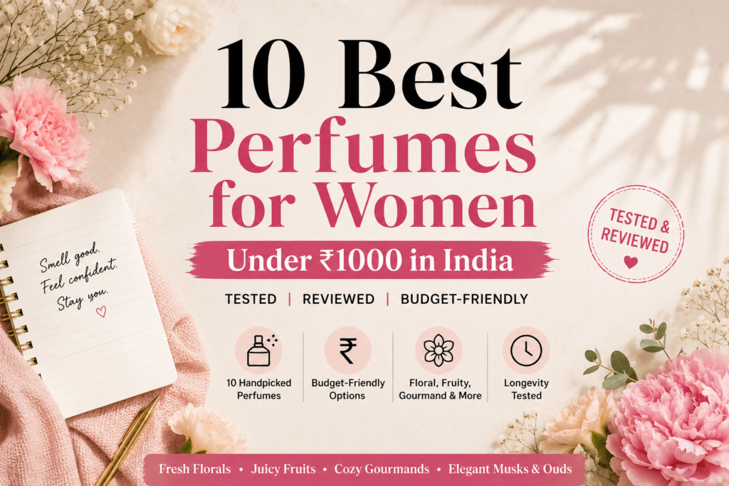 Featured image for best perfumes for women under ₹1000 in India, showcasing budget-friendly fragrance recommendations including floral, fruity, gourmand, musk and oud scents.