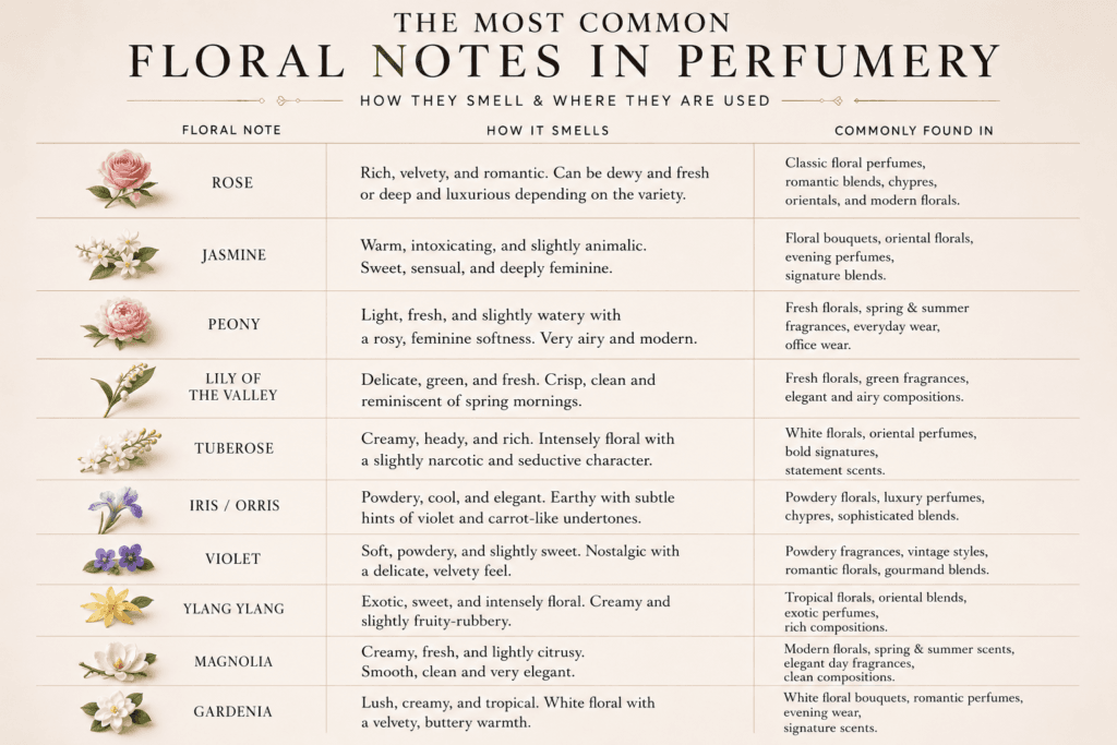 A visual guide to the most popular floral notes, how they smell, and where they're commonly used.