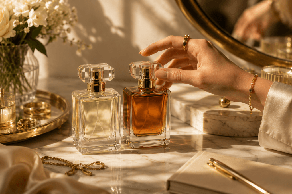 Luxury perfume bottles representing EDT and EDP fragrance concentrations on a marble vanity as a hand reaches to choose one