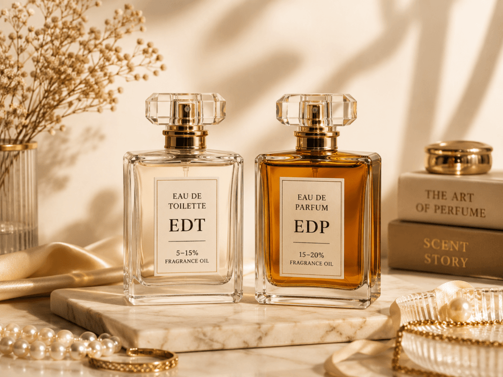 Two perfume bottles side by side showing EDT with 5-15% fragrance oil and EDP with 15-20% fragrance oil on a marble surface