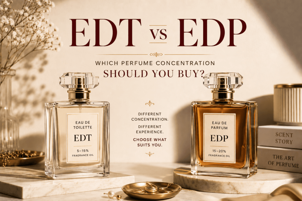 EDT and EDP perfume bottles displayed side by side to compare fragrance concentrations and longevity