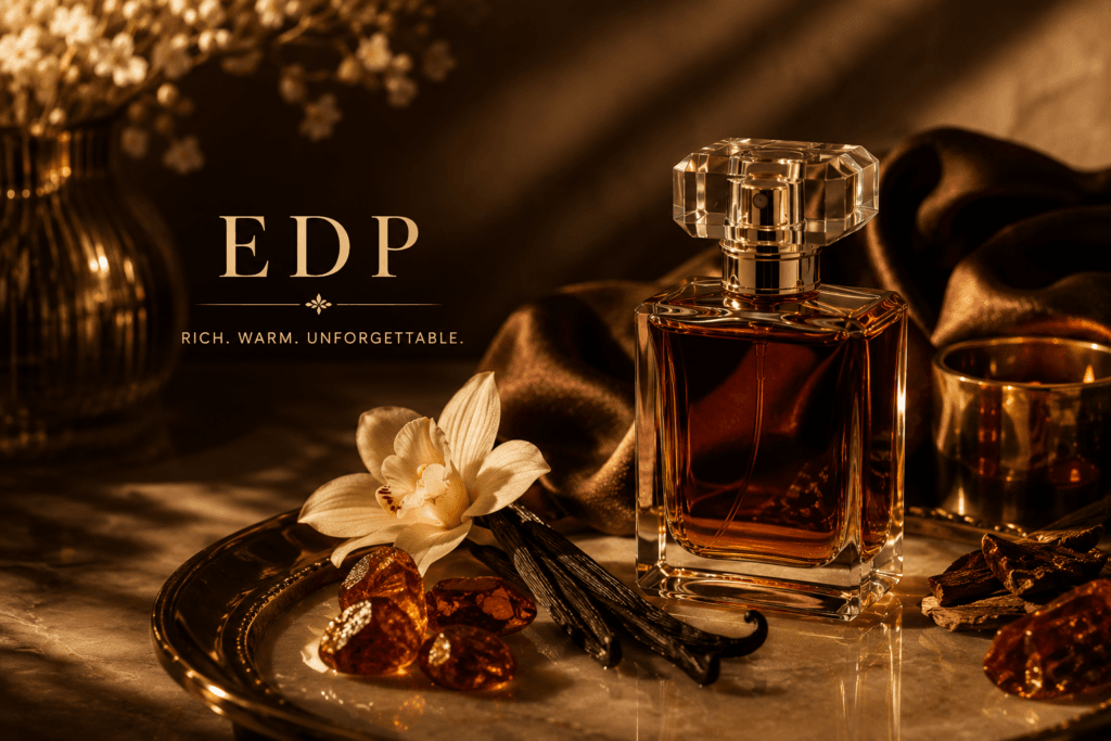 A deep amber perfume bottle labeled EDP surrounded by vanilla pods, amber resin, and oud wood on a marble surface representing rich warm long lasting fragrance