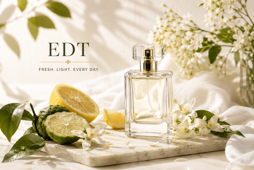 A light clear perfume bottle labeled EDT surrounded by lemon, bergamot, and white flowers on a marble surface representing fresh everyday fragrance