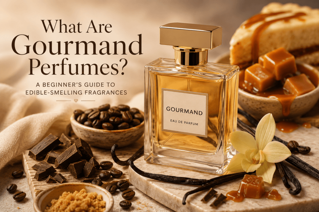 An image of a perfume bottle surrounded by various goumand notes used in perfumery