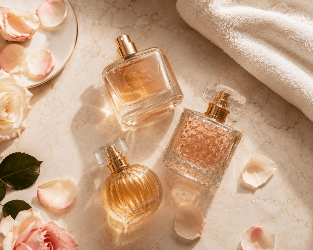 Long-lasting perfumes arranged on a marble surface with rose petals and luxury styling