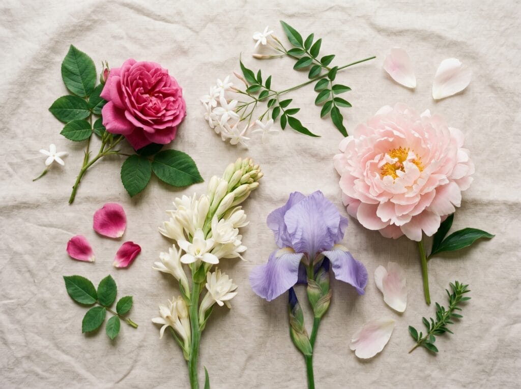 Rose, jasmine, peony, tuberose and iris flowers used in perfumery
