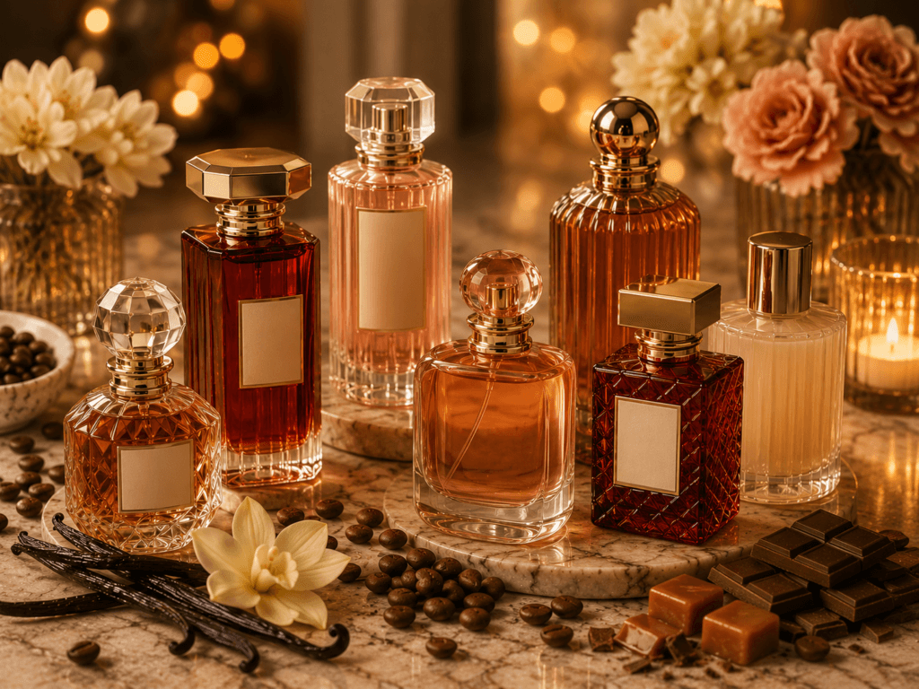 Gourmand perfume bottles with vanilla, coffee, chocolate and caramel notes — gourmand fragrance collection