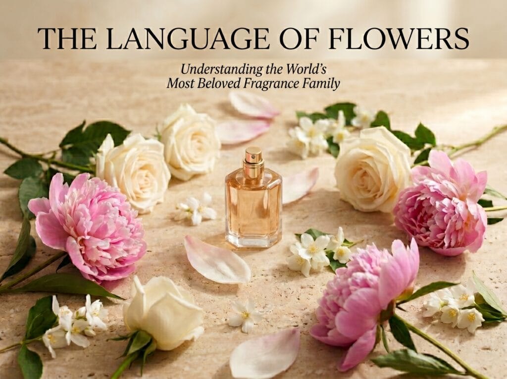 a collection of flowers and inbetween the flowerd, 1 perfume bottle