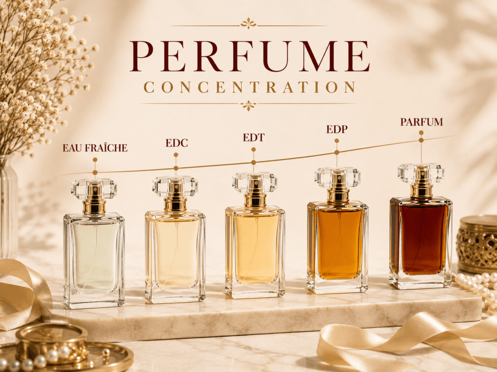 Five perfume bottles arranged in order of fragrance concentration from Eau Fraiche to EDC, EDT, EDP and Parfum, with bottles getting darker to show increasing concentration