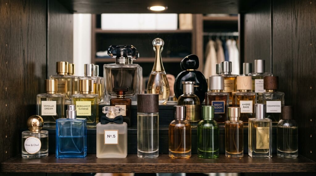 Perfume bottles neatly organised on a dark wardrobe shelf — ideal perfume storage at home