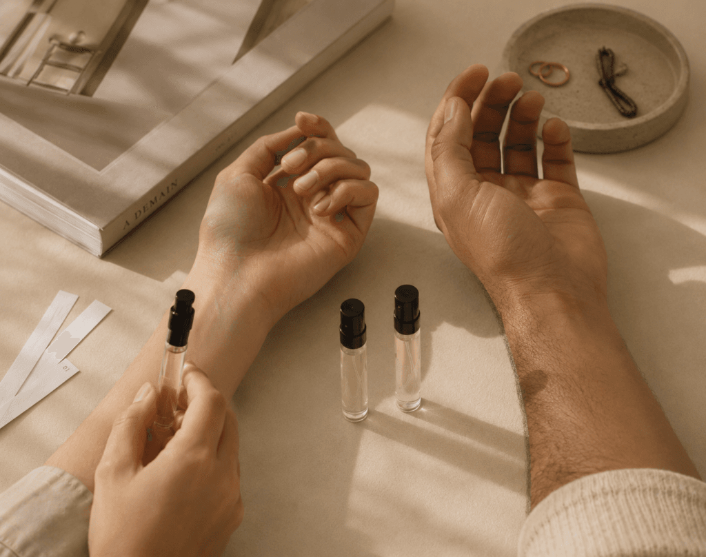 Two people testing the same perfume on their wrists, demonstrating how skin chemistry affects fragrance performance.