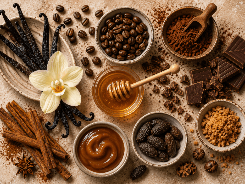 Common gourmand perfume notes including vanilla, coffee, cocoa, caramel, honey and cinnamon arranged on a flat lay