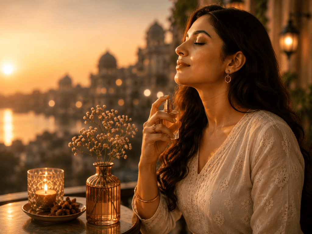 Woman applying gourmand perfume in warm Indian evening light, ideal for gourmand fragrances in India