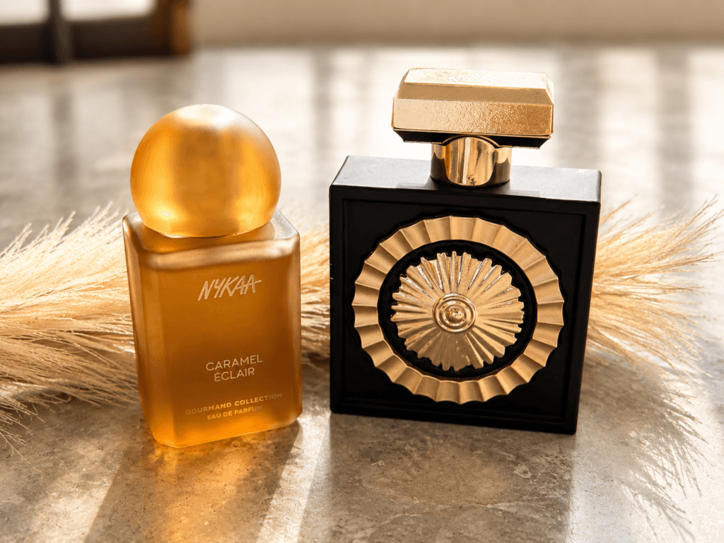 Nykaa Moi Caramel Éclair and Lattafa Nebras gourmand vanilla perfumes India