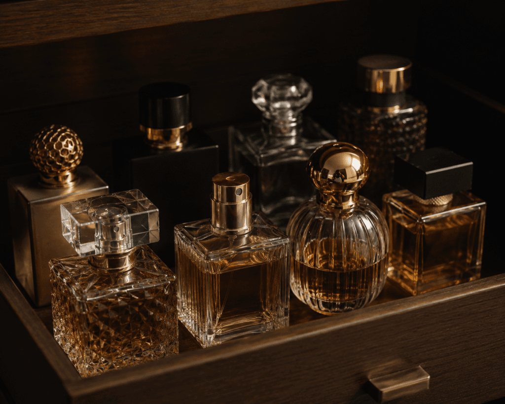 Proper perfume storage in a dark wooden drawer to preserve fragrance quality