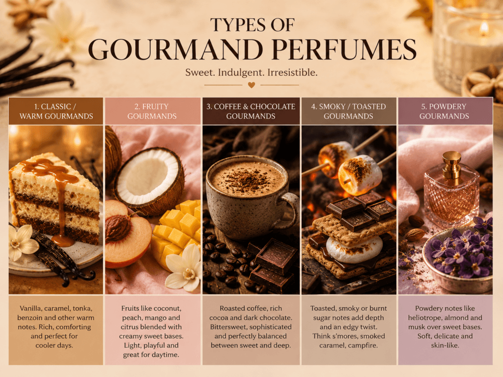 Common gourmand perfume notes including vanilla, coffee, cocoa, caramel, honey and cinnamon arranged on a flat lay