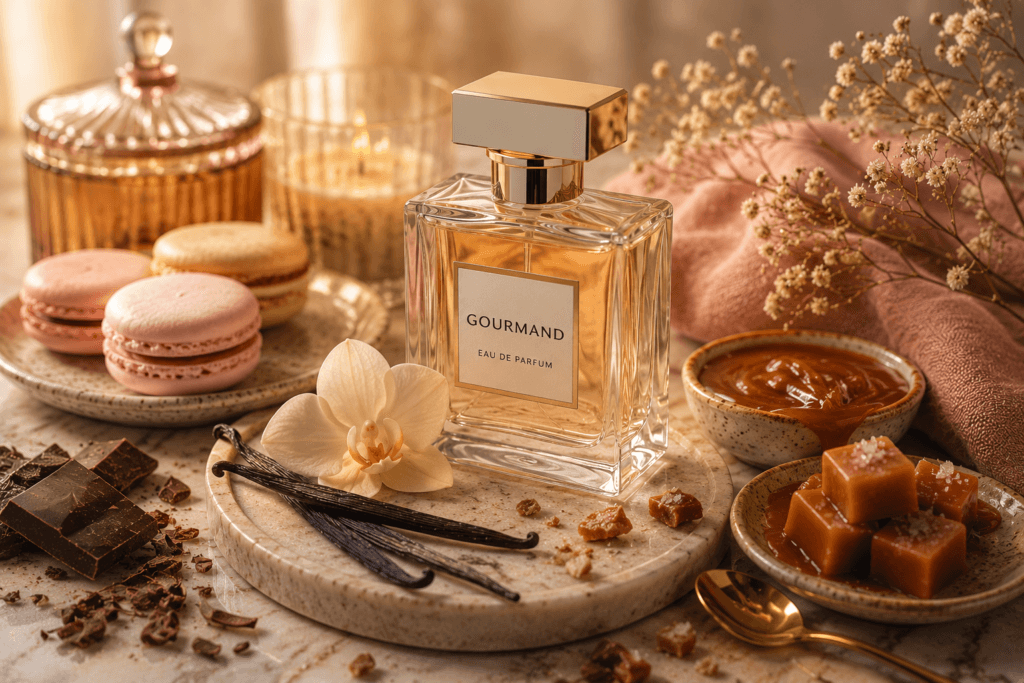 Gourmand eau de parfum bottle with vanilla pods, macarons and caramel representing sweet dessert-inspired fragrances