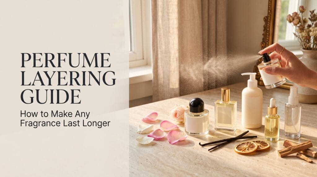 Featured image for the blog showing perfume bottles with body lotion
