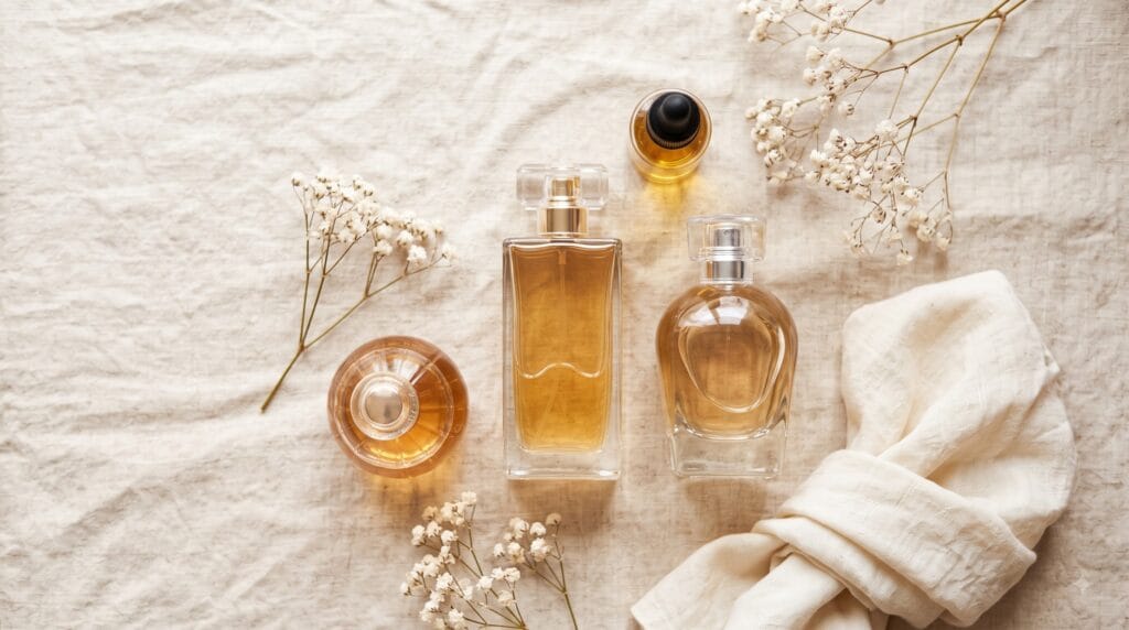 perfume layering guide unmarked bottles flat lay