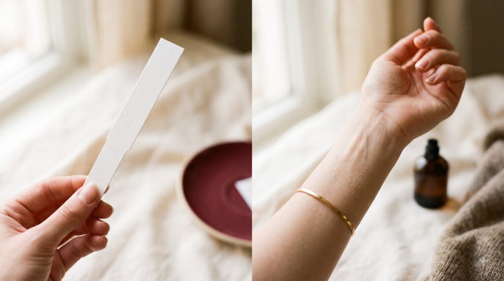 Comparing a fragrance blotter strip test versus testing perfume on skin