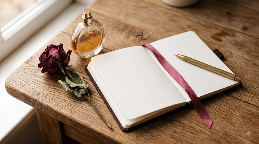 Perfume bottle and checklist for deciding whether to buy a fragrance