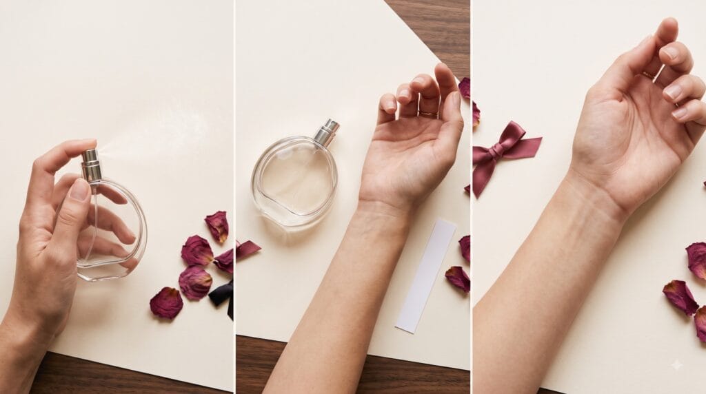 Three stages of testing a perfume — opening, heart, and dry-down